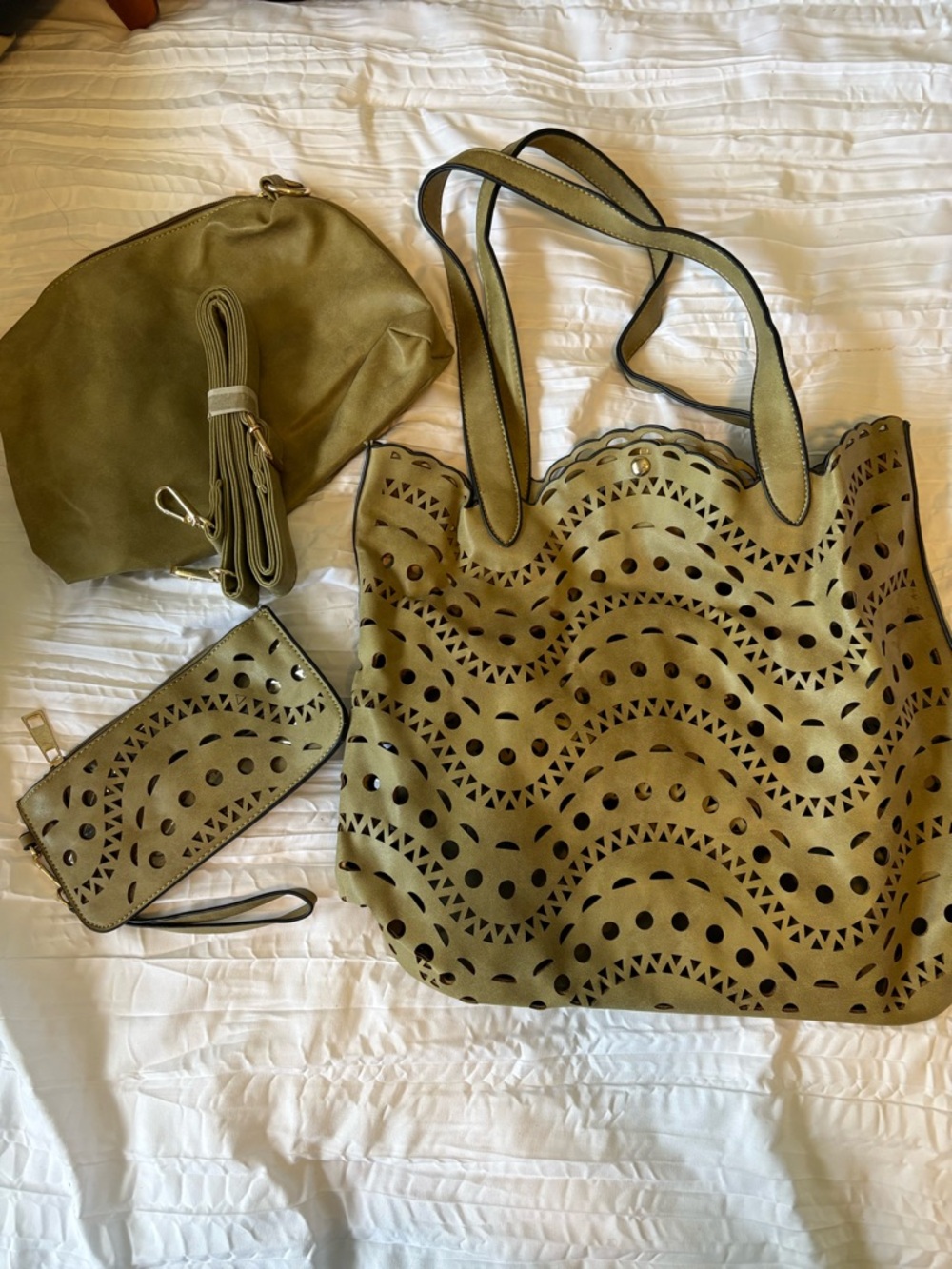 Olive Green Laser-Cut Tote with Matching Pouch and Wristlet Suede.